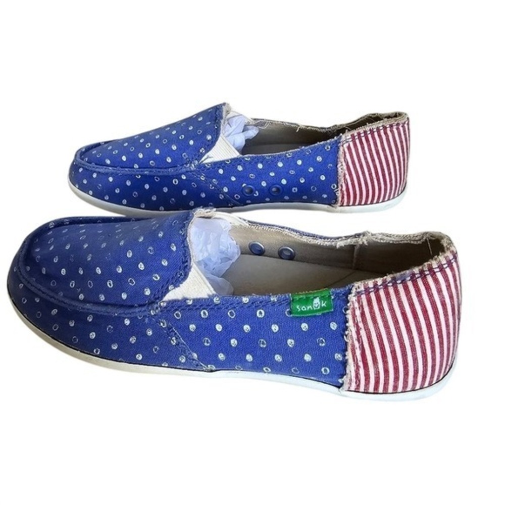Sanuk Kids 5 Blue‎ Polka Dot Red Stripe Canvas Slip On Loafers